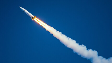 3D white rocket on blue sky symbolizing business success brainstorm idea. innovation technology industry model spacecraft with smoke pastel background