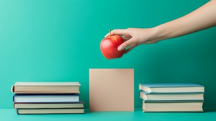 Hand holding red apple above a blank card between stacks of books on a green background