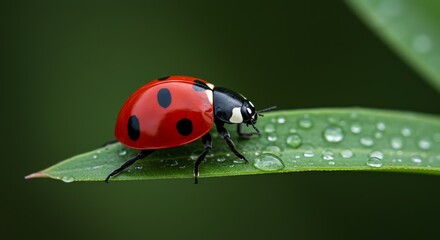 Fototapeta premium Ladybug on leaf with water droplets