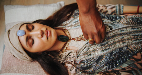 Crystal, meditation and zen with woman on floor for energy balance, healing ritual and...