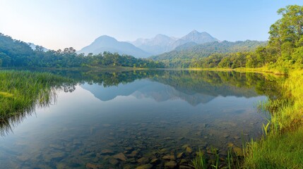 Obraz premium A wide-angle shot of a serene mountain range reflecting in a calm alpine lake, surrounded by lush green forests under a clear sky.
