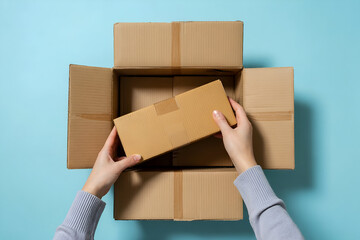 Hands placing small cardboard box into larger box on turquoise