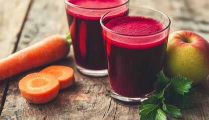 Two glasses of vibrant red juice, alongside fresh carrots and apple slices, sit on a rustic wooden surface.  Fresh ingredients for a healthy beverage