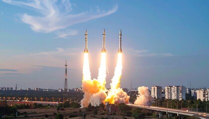 Triple Rocket Launch at Sunrise Over Cityscape