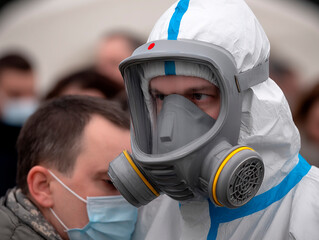 Man in full hazmat suit with dual-filter gas mask in a crowded area, demonstrating protective measures against hazardous airborne substances