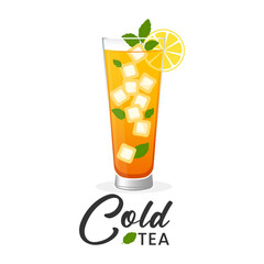 Vector illustration of a glass of iced tea with ice cubes and mint leaves, accompanied by the handwritten phrase 