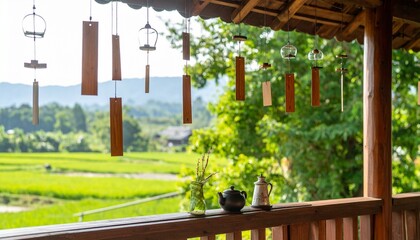 Fototapeta premium 上から降り注ぐ風鈴と、下部に縁側と麦茶セットの涼感イメージ