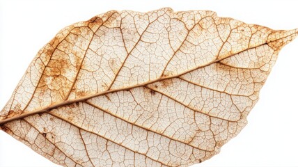 Fototapeta premium Close Up Of Dried Light Brown Leaf With Detailed Veins On White Background