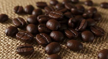 Fototapeta premium Close up of roasted coffee beans on a textured surface