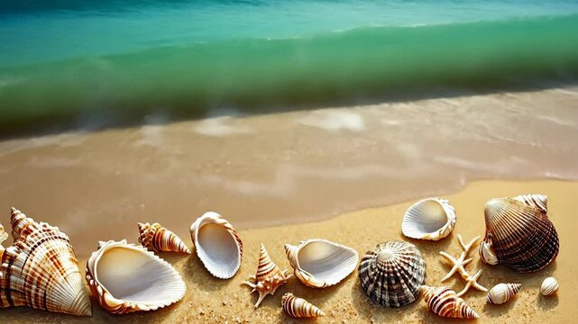 A collection of seashells scattered on a sandy beach with gentle waves in the background