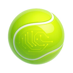 Futuristic tennis ball with glowing digital circuit isolated on white or transparent background