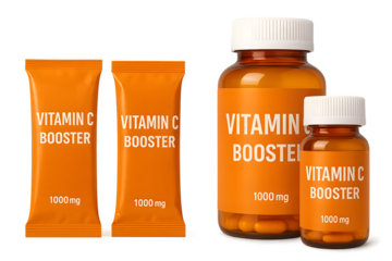 Vitamin C booster products in various packaging: two sachets and two bottles, all labeled with dosage information. Concept Vitamin C Sachets, Dosage Information, Convenient Packaging