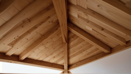Traditional Wooden Roof Structure of a House with Visible Beams and Natural Texture