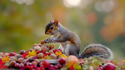Gray Squirrel Eating Nuts In Autumnal Garden