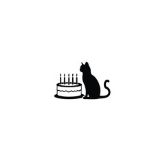 Cat with Birthday Cake and Candles silhouette on white background