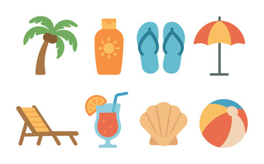 Fototapeta na wymiar Beach vacation flat icons set – summer, travel, holiday essentials