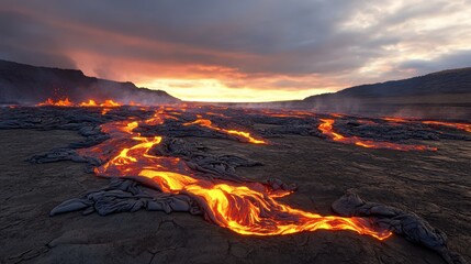 Fototapeta premium A cinematic view of lava flowing slowly across a barren landscape, creating a powerful texture of molten rock.