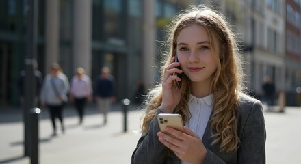 Confident Young Businesswoman Making a Phone Call on a Busy City Street