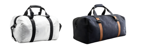 Two different colored duffel bags, one white and one dark navy, are shown on a shelf.