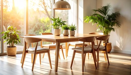 Sunlit Dining Room with Wooden Table and Chairs - A bright and airy dining room features a light wood table and chairs, surrounded by potted plants, bathed in sunlight streaming through a large window