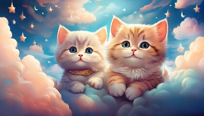 whimsical kittens floating on clouds dreamy background illustration