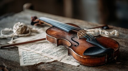 Obraz premium Violin Resting on Rustic Wooden Table with Sheet Music