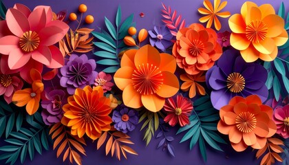 Vibrant Paper Flowers Arrangement - A stunning collection of colorful paper flowers in various shades of orange, purple, and pink, arranged against a deep purple background