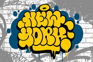 Graffiti throw-up text "NEW YORK" with bold, cool style on bubble and brick wall background. Urban street art vibe with dynamic strokes, perfect for hip-hop, edgy posters, and graffiti projects.   © dirtyfellas