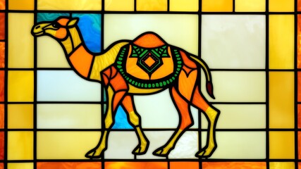 Fototapeta premium Artistic stained glass depiction of a decorated camel in warm orange and yellow colors