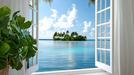 Ocean breeze scene: tropical island view framed by airy white window
