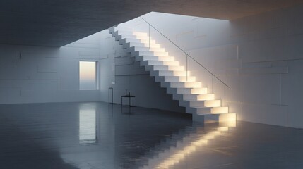 Obraz premium Minimalist Modern 3D Staircase Render in Bright Room with Railing