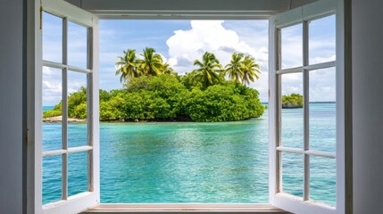 Open white window revealing a sunny tropical island, turquoise waters and palm trees