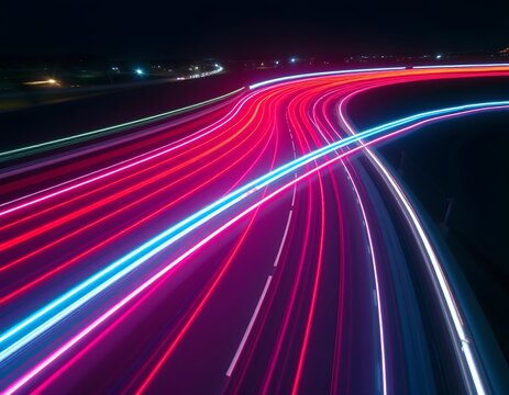 Nighttime highway with vibrant light trails