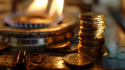 Flames from a gas burner illuminate stacked coins during a late-night cooking session in a cozy kitchen. concept of rising gas prices, price hike