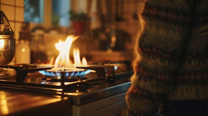 Flames dance atop a gas stove in a cozy kitchen during dinner preparation