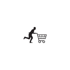 Silhouette of person running with shopping cart black and white illustration