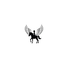 Whimsical Pegasus Ride – Cute Child Flying on a Winged Horse silhouette on white background