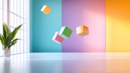 Pastel-themed abstract composition with floating cubes in dynamic perspective