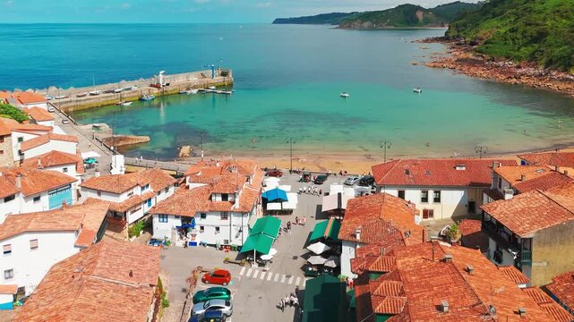 Aerial view of the picturesque Tazones fishing village, Asturias, Spain