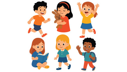 Happy Children Vector Illustration – Cute Kids in Playful Poses, Colorful Outfits, and Joyful Expressions for Educational and Family Themes Outdoor Sports and Activities