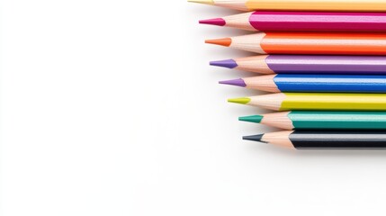 Naklejka premium A collection of colorful pencils arranged neatly on a white background, showcasing a variety of hues and sizes in a vibrant, artistic style.