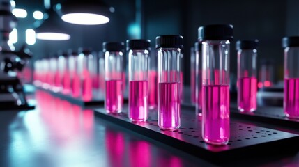 Precision lab setup with rows of pink-filled tubes, dramatic lighting