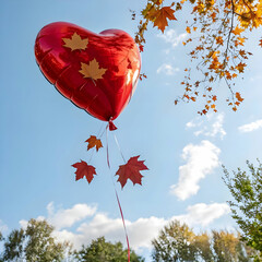 A red heart-shaped balloon floats gracefully through a bright sky.