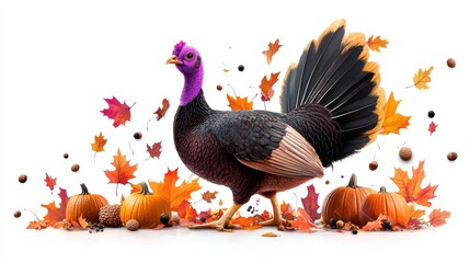 A colorful illustration of a turkey with autumn leaves, pumpkins, and acorns, symbolizing the festive spirit of Thanksgiving.