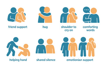 Emotional support icons set – flat, silhouette, comforting and empathy symbols