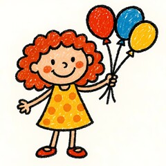 Happy little girl with red curly hair joyfully holding colorful balloons on a white background, a cheerful child illustration