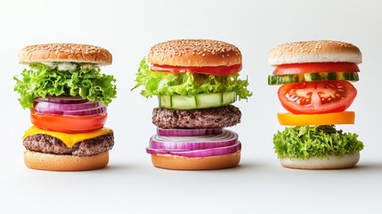 Three stacked burgers with various fillings presented in a horizontal arrangement.