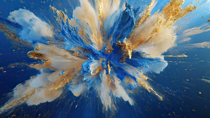 Paint explosion. Blue gold and white colors AI generative