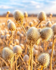 Obraz premium A field of dried, spiky, beige plants with a blurry background of more plants