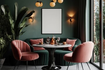 Stylish, intimate dining area with lush greenery